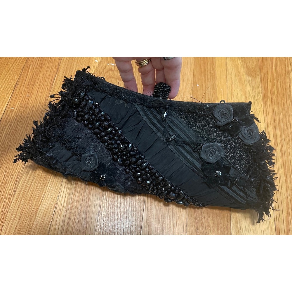 Mary Frances Black Beaded Rosette Clutch Gothic Evening Bag Y2K Missing Chain